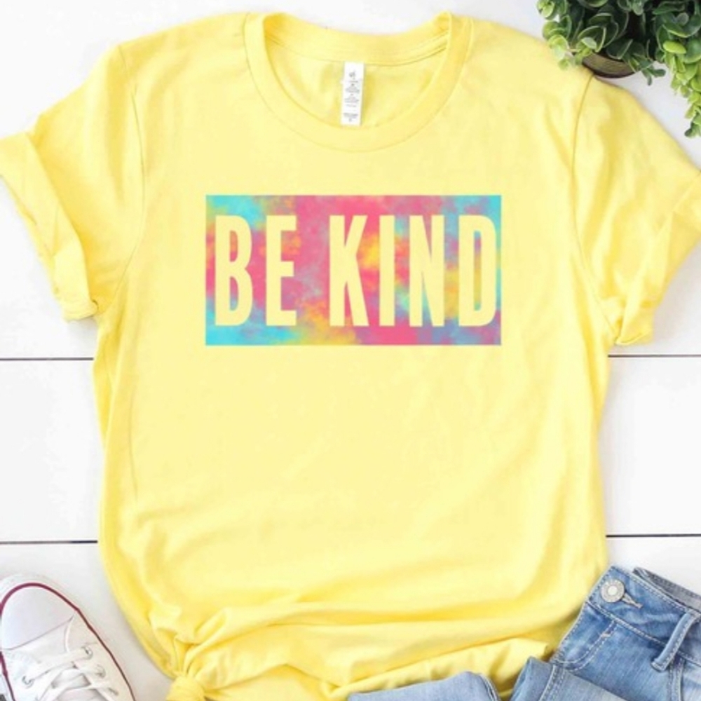 Yellow Tie Dye Letters Be kind Graphic tee